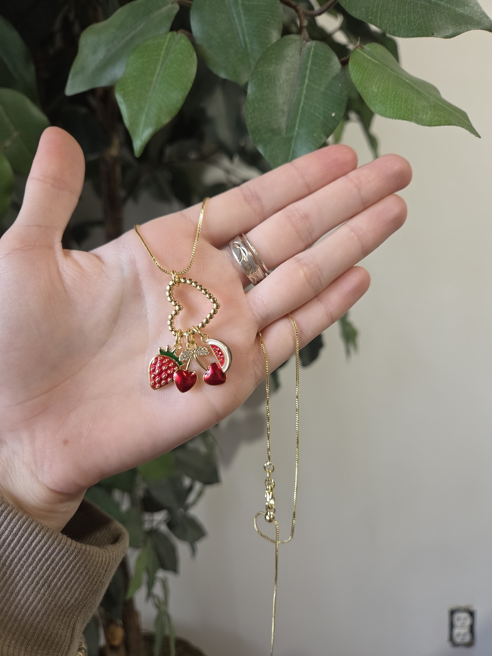 18k Gold Heart Necklace with Red Fruit Charms